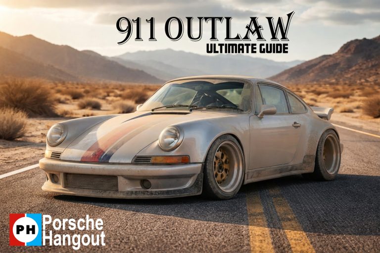 Porsche 911 Outlaw with wide fenders and gold wheels in desert setting