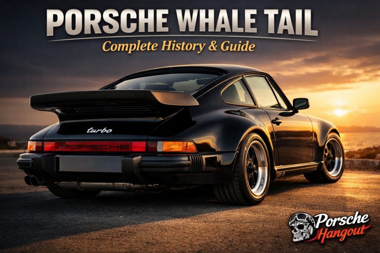 Black Porsche 930 Turbo with iconic whale tail spoiler at sunset
