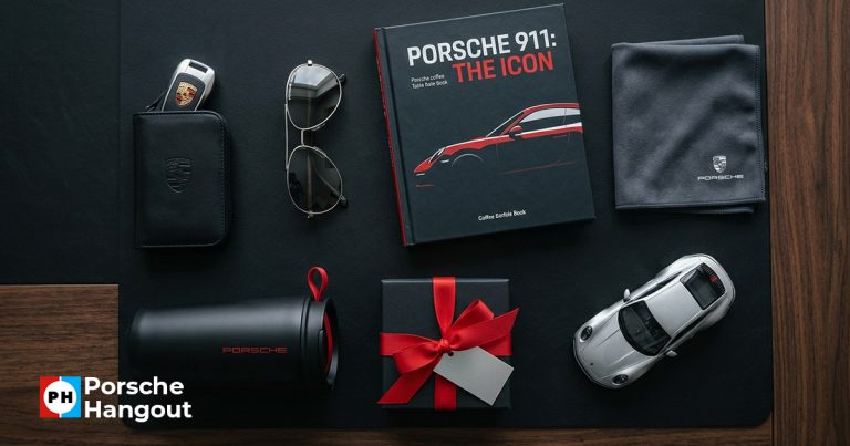 Curated flat lay of premium Porsche gifts including key pouch, sunglasses, book, and accessories