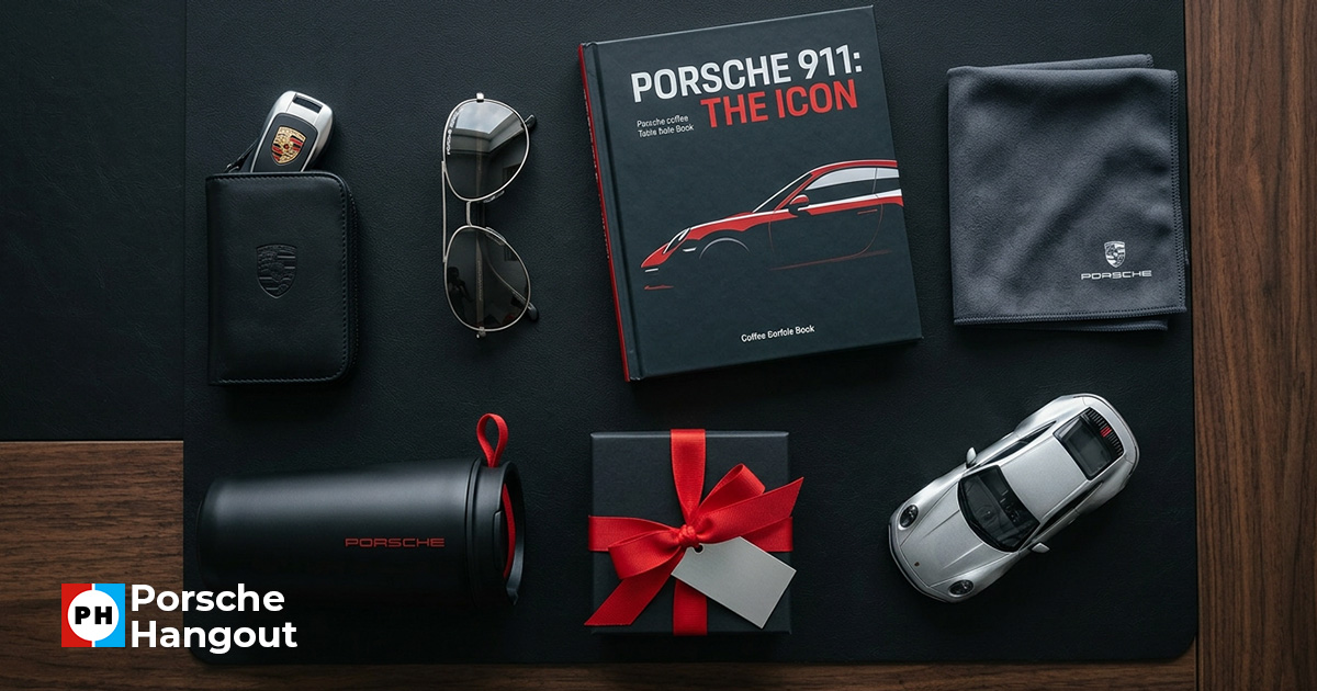 Curated flat lay of premium Porsche gifts including key pouch, sunglasses, book, and accessories