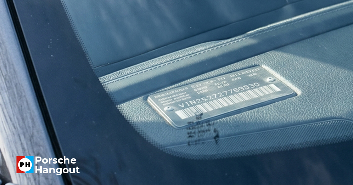 Close-up of a Porsche VIN number plate on the dashboard visible through the windshield