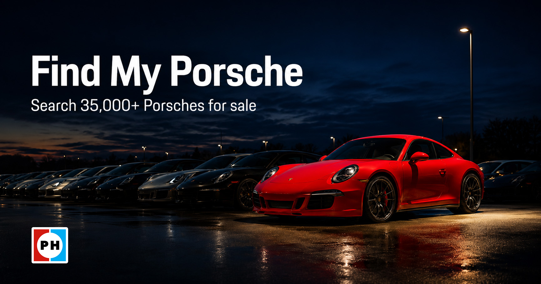 Red Porsche 911 standing out under lights in a dealer lot at dusk with the text Find My Porsche